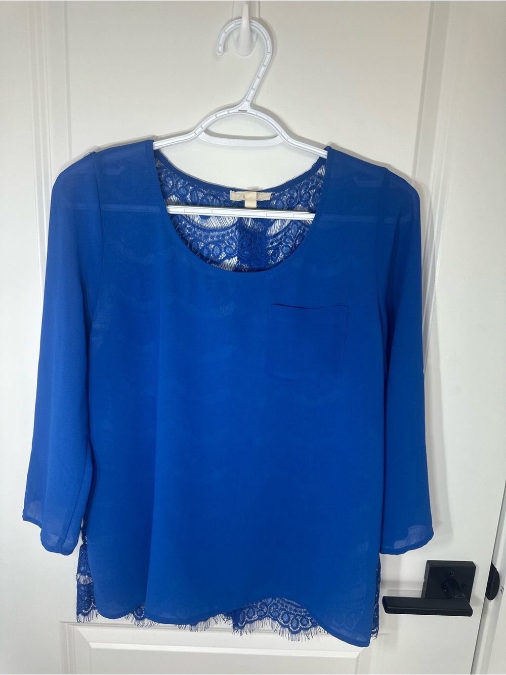 Blue Lace-Back Chiffon Blouse with Pocket